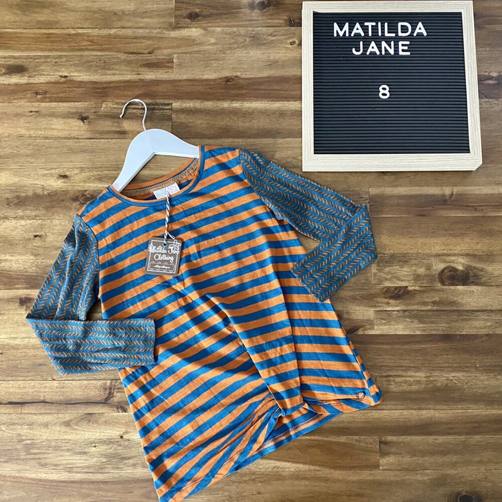 NWT Matilda Jane Choose Your Own Path Pep Rally Green Orange Stripe Tunic 8
